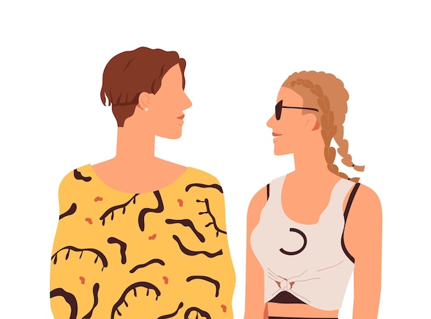 Amor pareja de joven y mujer. Comunicación juvenil. Chica y chico reunidos, mirándose el uno al otro. Dos personas en relaciones románticas. Ilustración de vector plano aislado sobre fondo blanco.