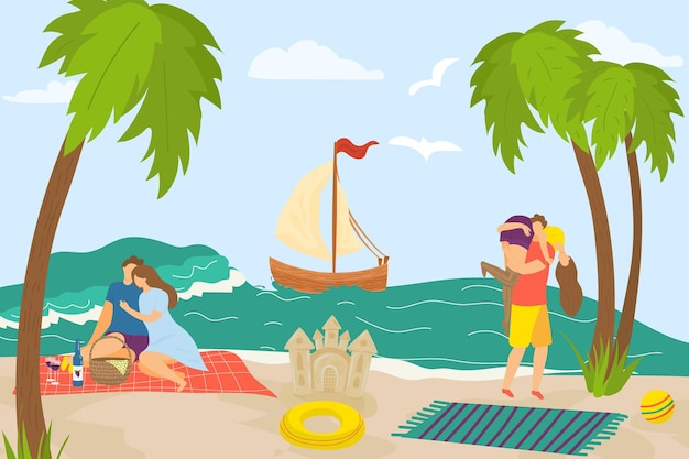 Amor de pareja en el mar de verano, ilustración vectorial. Carácter de personas hombre mujer feliz en vacaciones, vacaciones en la playa tropical. Velero en agua de mar