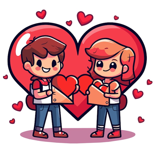 El amor de la pareja de San Valentín lindo dibujado a mano plano elegante mascota adhesivo de dibujo de personajes de dibujos animados