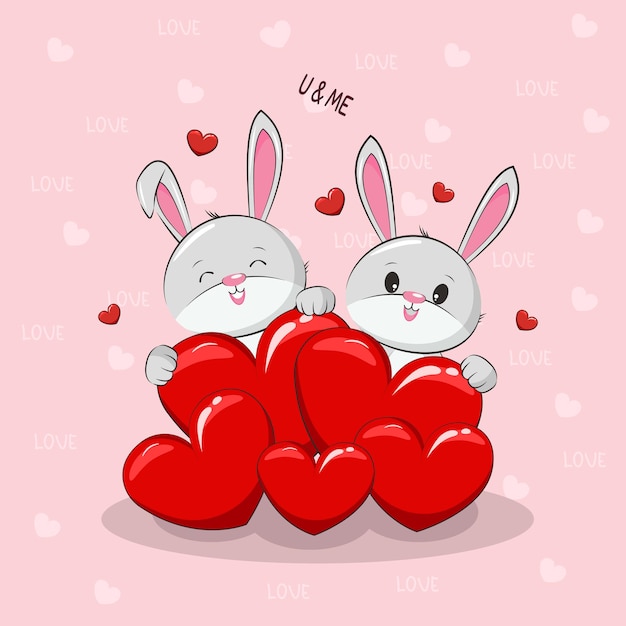 Amor de pareja vectorial de conejitos lindos con corazón de amor, san valentín animal, ilustración de dibujos animados