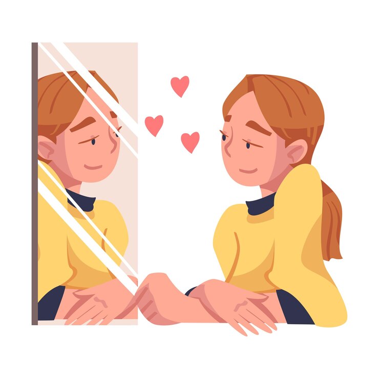 Vector amor propio con personaje femenino admirándose a sí misma mirándose en el espejo encantada con su apariencia