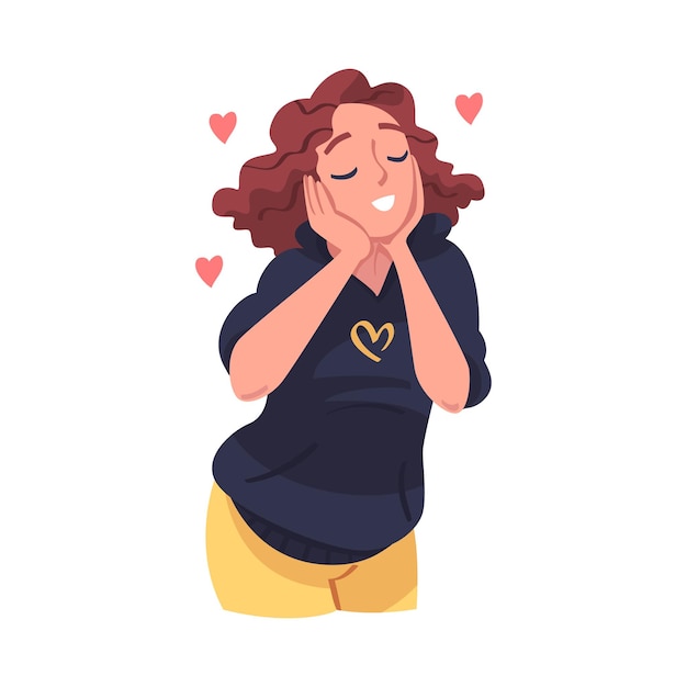 Amor propio con el personaje de la mujer admirándose a sí misma encantada con su apariencia con el corazón alrededor
