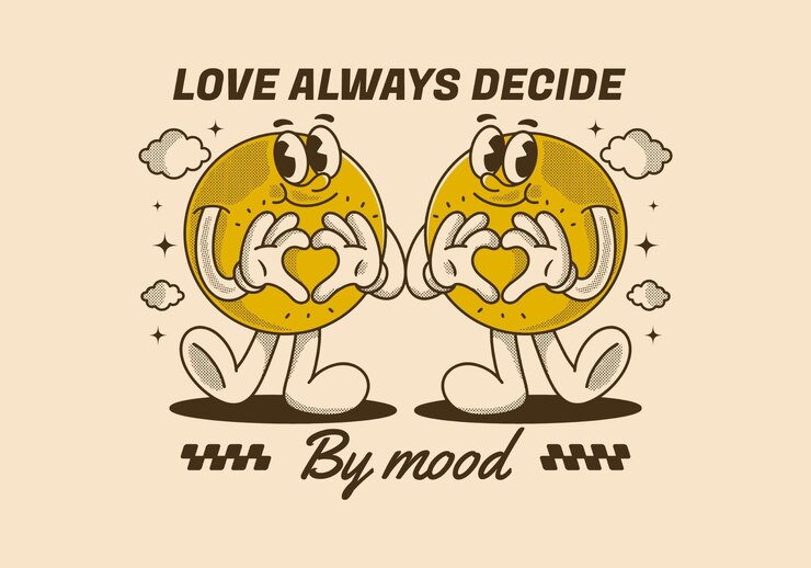 Vector el amor siempre decide por el estado de ánimo personaje de bola con cara feliz manos formando signo de corazón