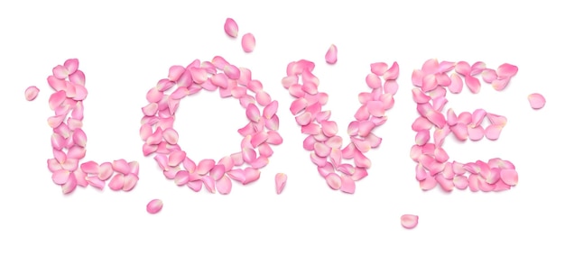 Amor tipografía de pétalos de rosa realistas aislados sobre fondo blanco pétalos de sakura voluminosos rosa inscripción romántica para tarjeta de felicitación día de san valentín 8 de marzo invitación de boda