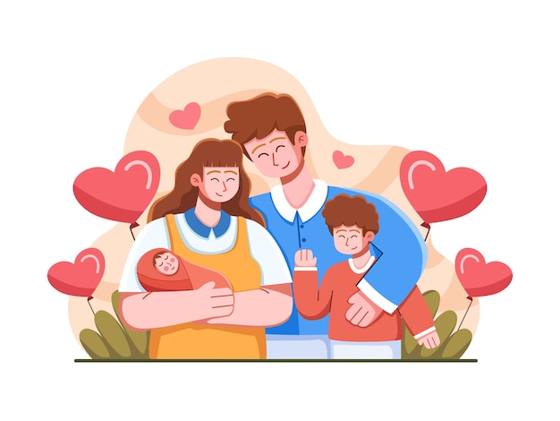 Vector una amorosa familia de cuatro con un padre, madre, hijo y bebé.