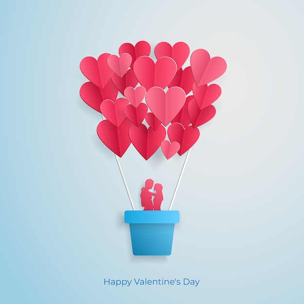 Vector amorosa pareja volando en un globo en forma de corazón tarjeta de felicitación del día de san valentín