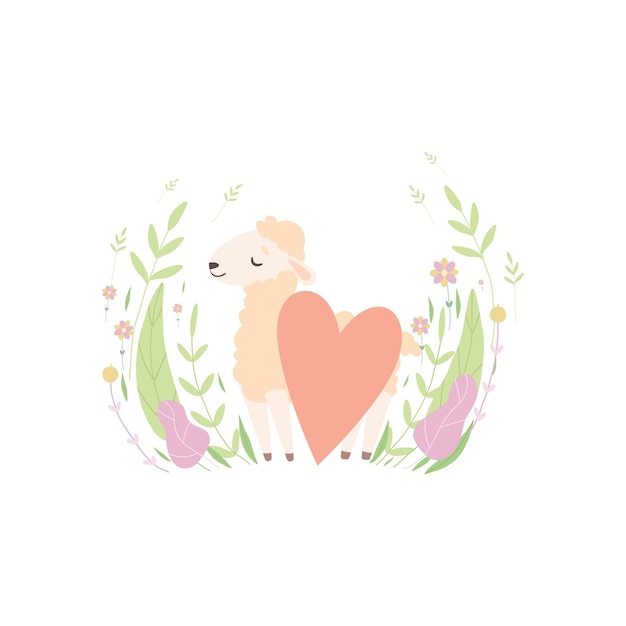 Vector amoroso corderito con corazón rojo adorable oveja animal en el prado de primavera ilustración vectorial en fondo blanco