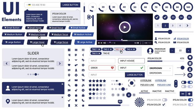 Una amplia plantilla web con marcadores de posición para imágenes de texto y controles de interfaz de usuario adecuados para páginas de negocios o vitrinas de innovación