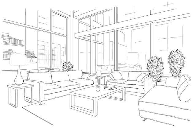 Amplia sala de estar en estilo loft con grandes ventanas y muebles dibujo vectorial lineal