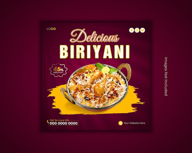 Vector ampliador especial saludable y delicioso pollo biryani plantilla de diseño de publicaciones en redes sociales