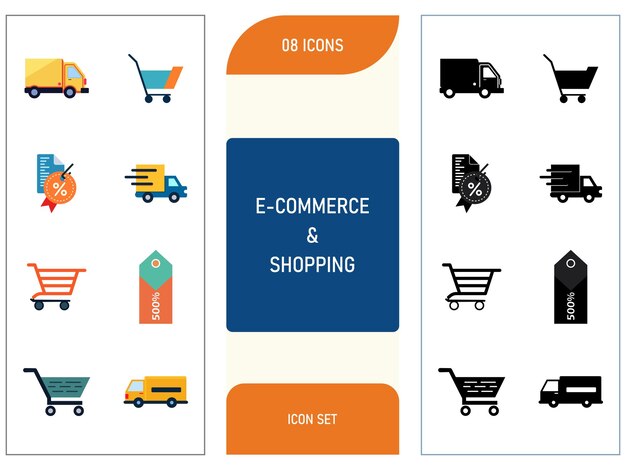 Amplificador de comercio electrónico Icon de compras Conjunto de carrito de compras Descuento etiqueta Tienda en línea Pago Camión de entrega