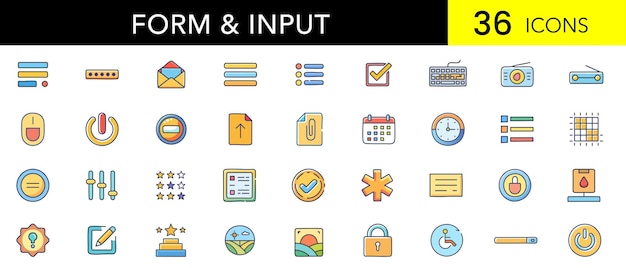 Amplificador de forma Color plano de entrada Icon Set Contorno mínimo Iconos vectoriales de los campos Controles y usuario