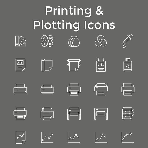 Amplificador de impresión Iconos de trazado Impresoras Plotadoras Colección de arte vectorial de tinta y papel