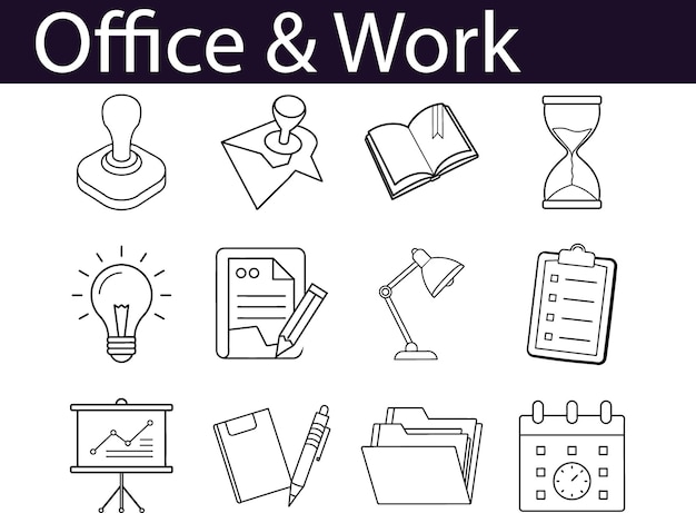 Amplificador de oficina Iconos de trabajo Carpetas Lista de comprobación de calendario Rato de arena