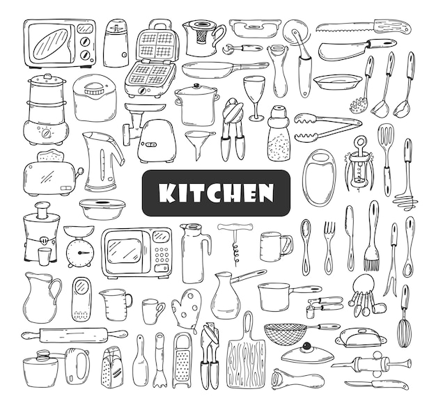 Un amplio conjunto de utensilios de cocina en estilo Doodle. Elementos dibujados a mano aislados en blanco.