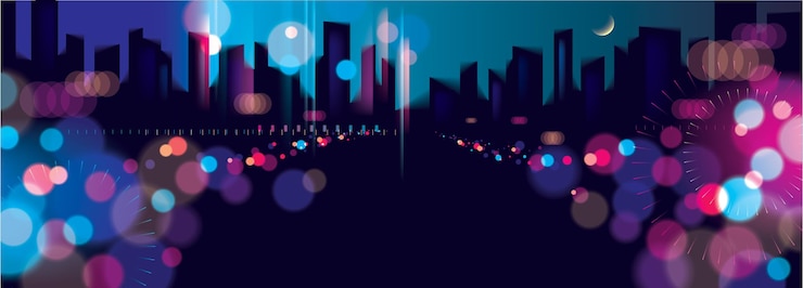 Vector amplio panorama borroso luces de la calle, fondo abstracto urbano. efecto vectorial hermoso fondo. vida nocturna de la ciudad grande. desdibujar colorido fondo oscuro con paisaje urbano, siluetas de edificios horizonte.