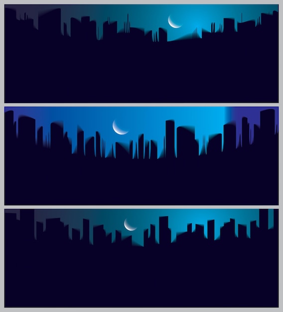Amplio panorama noche ciudad rascacielos siluetas horizonte vector ilustraciones conjunto. fondos mínimos perfectos con espacio de copia para texto.