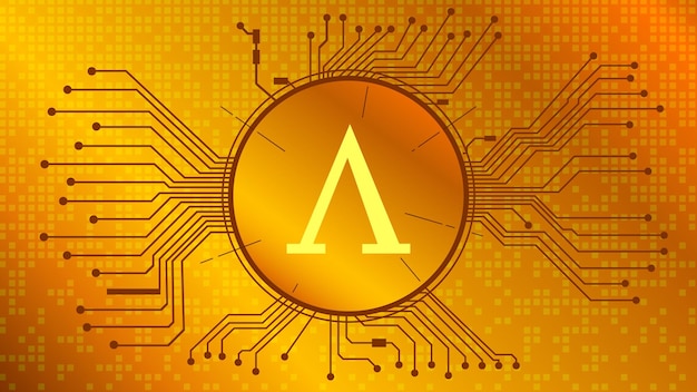 Amplio símbolo de token AMPL del proyecto DeFi en círculo con pistas de PCB sobre fondo dorado Icono de criptomoneda Programas financieros descentralizados Vector EPS10