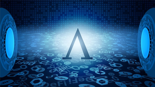 Amplio símbolo de token AMPL del sistema DeFi que brilla en los rayos de luz Ícono del logotipo de la criptomoneda Programas financieros descentralizados Vector EPS10