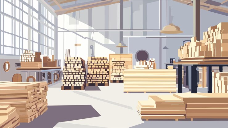 Vector amplo interior del taller de la fábrica con pilas