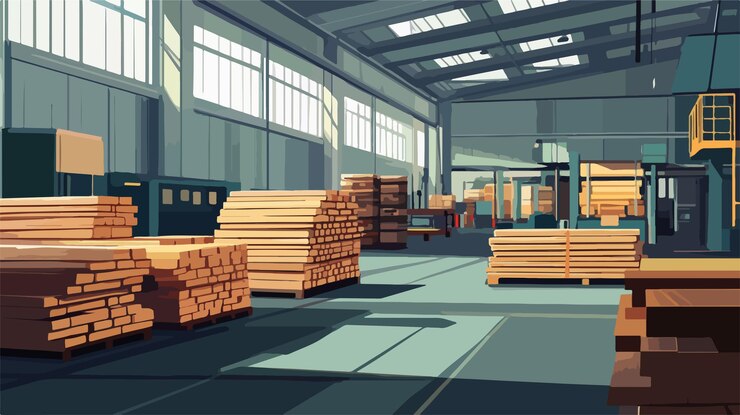 Vector amplo interior del taller de la fábrica con pilas
