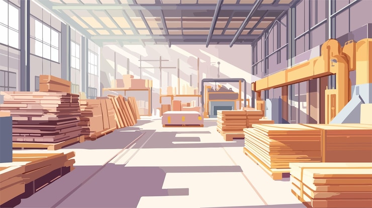 Vector amplo interior del taller de la fábrica con pilas