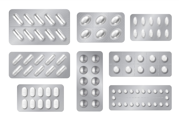 Ampollas realistas. paquetes de píldoras y cápsulas de medicina, medicamentos blancos en 3d y vitaminas aisladas