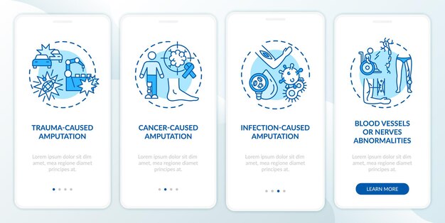 La amputación provoca la incorporación de la pantalla de la página de la aplicación móvil con conceptos. tumor, daño de los vasos sanguíneos paso a paso instrucciones gráficas de 4 pasos.