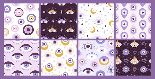 Amuleto de protección turco, mal de ojo sin costuras. Imprimir con místicos símbolos étnicos nazar. Conjunto de vector de textura de tercer ojo de la suerte oculta