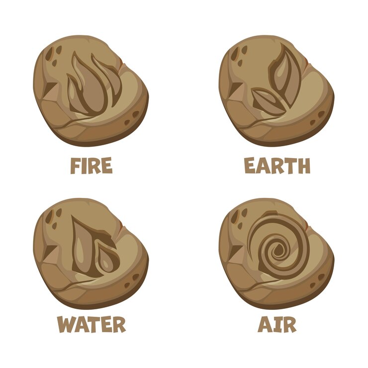 Vector amuletos piedrasaire agua fuego tierraabstracto viento aire fuego agua tierra símbolo diseño en piedras para juego o concepto de aplicación