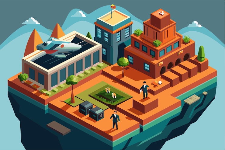 Vector an isometric illustration depicting a mission operation site with various buildings and agents in action mission impossible customizable isometric illustration