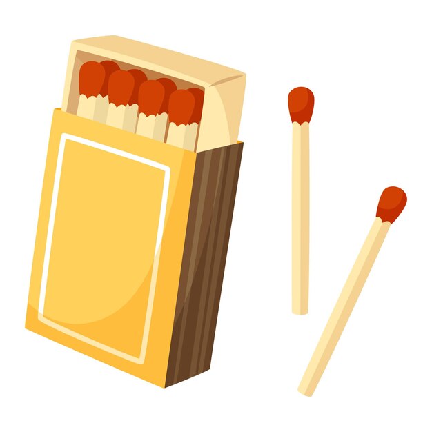 An open box of matches with a large number of matches next to two matches on a white background open
