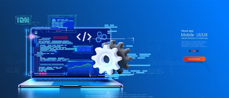 Vector an open laptop displaying advanced code and programming interfaces with holographic projections and a cogwheel symbolizing development futuristic coding and development concept on laptop vector