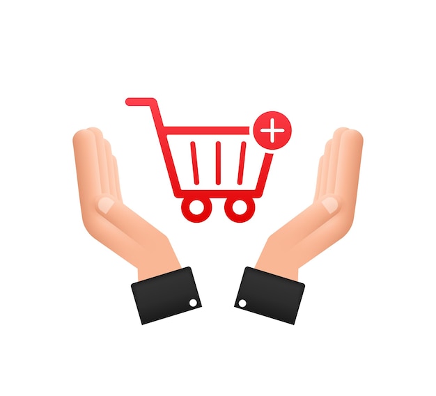 Añadir al icono de carrito con las manos. Icono de carrito de compras. Ilustración vectorial.