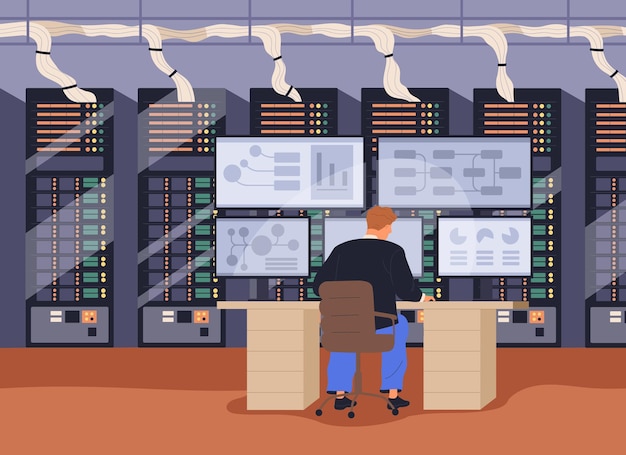 Análisis de big data, tecnología de la información, concepto de control de seguridad cibernética. El administrador trabaja con estadísticas y bases de datos en un sistema informático de múltiples monitores en la sala de servidores. Ilustración de vector plano