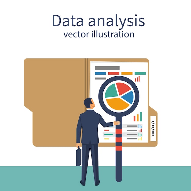 Análisis de datos Businessman está estudiando datos estadísticos con diagramas de gráficos Documentos para el desarrollo de estrategias de informes de estadísticas financieras Diseño plano de ilustración vectorial