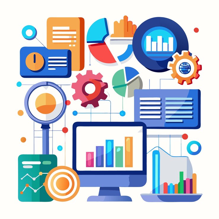 Vector análisis de datos coloridos y gráficos comerciales en una pantalla de computadora
