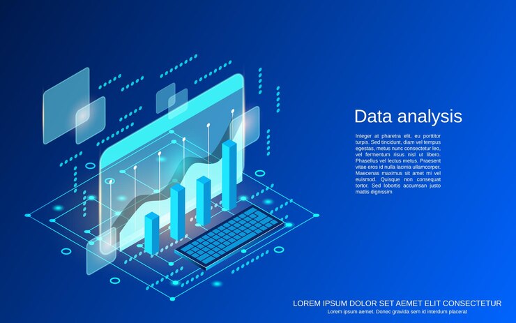 Vector análisis de datos comerciales, procesamiento de información, ilustración de concepto de vector isométrico 3d plano