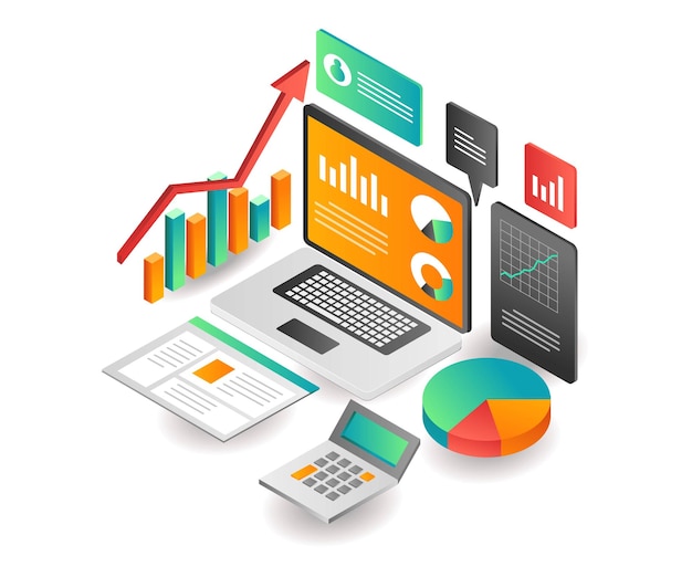 Análisis de datos de concepto isométrico de ilustración de empresa de negocios de inversión