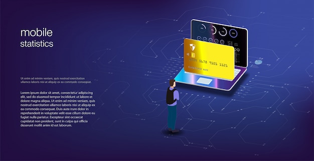 Análisis de datos e inversiones. Datos analíticos en laptop isométrica. Estadísticas en línea y análisis de datos. Mercado monetario digital, inversión, finanzas y comercio.