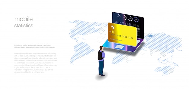 Análisis de datos e inversiones. Datos analíticos en laptop isométrica. Estadísticas en línea y análisis de datos. Mercado monetario digital, inversión, finanzas y comercio.