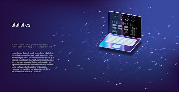 Análisis de datos e inversiones. Datos analíticos en laptop isométrica. Estadísticas en línea y análisis de datos. Vector Mercado monetario digital, inversión, finanzas y comercio.