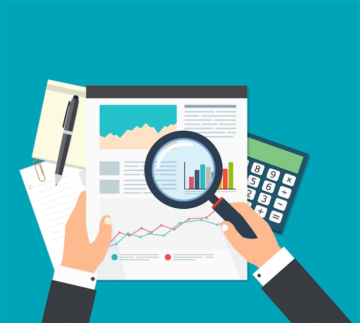 Vector análisis de datos financieros, empresario con lupa está buscando informes financieros