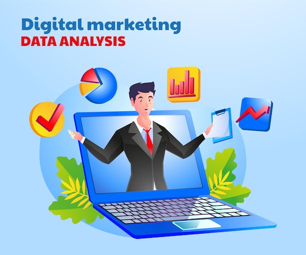 Análisis de datos de marketing digital con un hombre y un símbolo de computadora portátil