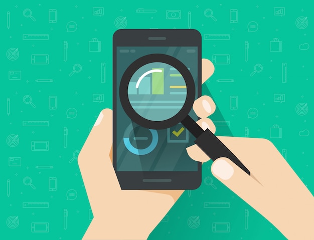 Análisis de datos en la pantalla del teléfono móvil o teléfono inteligente a través de una lupa de vidrio vector de dibujos animados plana