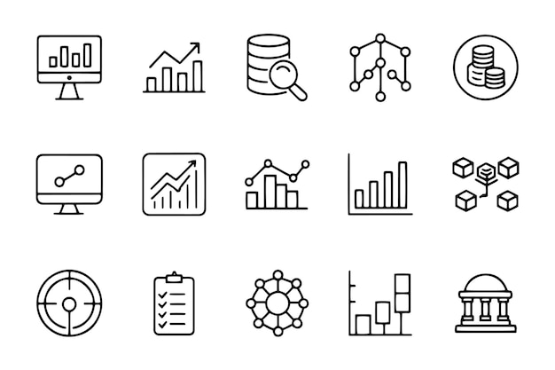 Análisis de datos relacionados con la línea negra minimalista 15 pcs de iconos aislados en fondo blanco