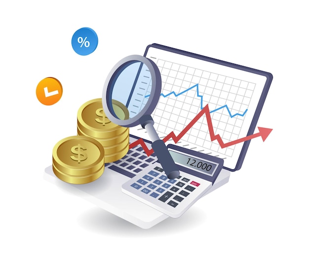 Análisis de datos tecnología de finanzas empresariales ilustración infográfica 3d isométrica plana