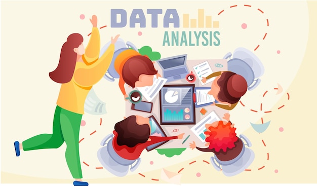 Vector análisis de datos trabajo en equipo un equipo de analistas está sentado en una mesa y desarrollando una estrategia de marketing basada en el análisis de los diagramas de rendimiento financiero de la empresa empresarios de tormenta de ideas