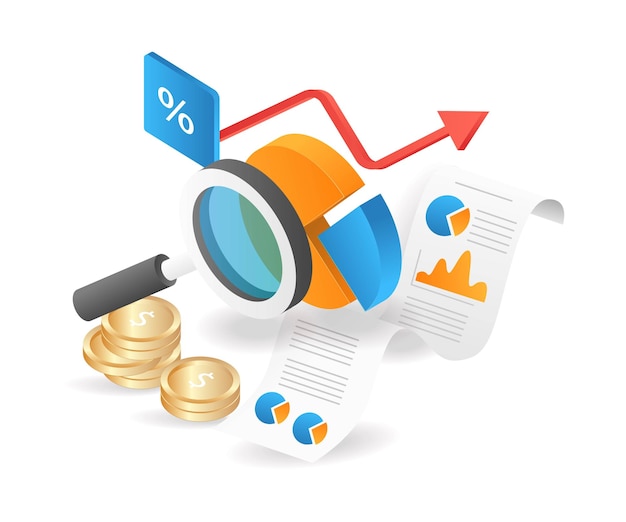 Análisis de desarrollo de negocios de gráfico circular de ilustración 3d isométrica plana