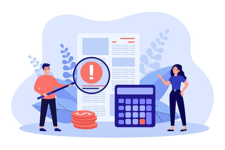 Vector análisis de documentos financieros por empresarios. hombre investigando con lupa en manos ilustración vectorial plana. economía, concepto de informe para banner, diseño de sitio web o página web de inicio